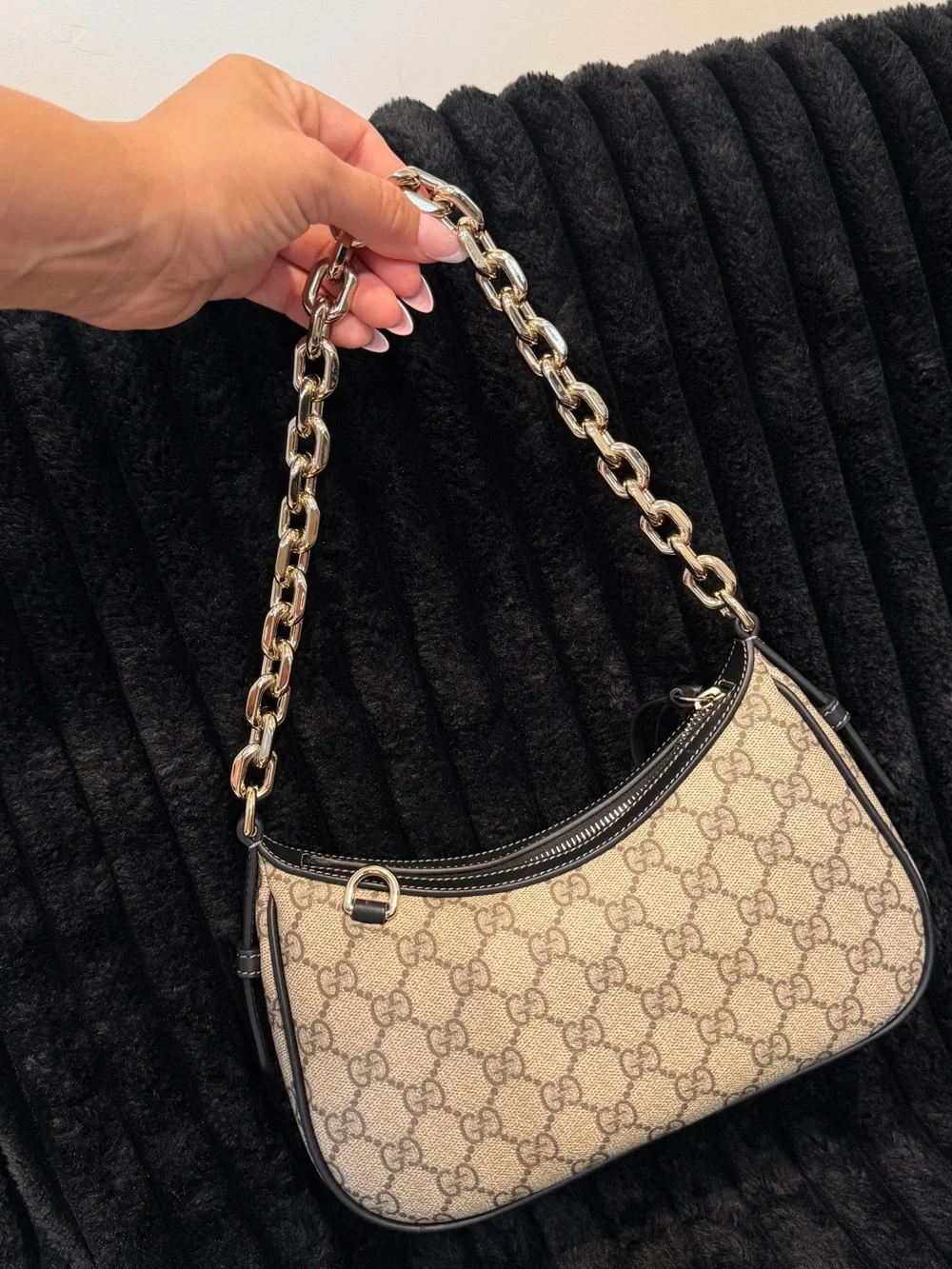 Gucci Beige GG Canvas Shoulder Bag with Gold Chain Trim
